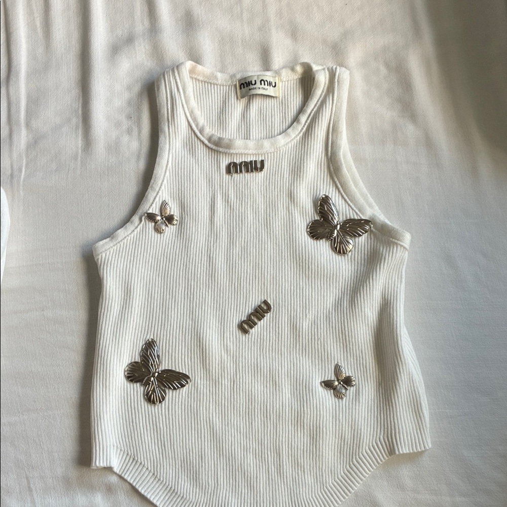 Miu Miu Cream Ribbed Tank with Butterfly Details